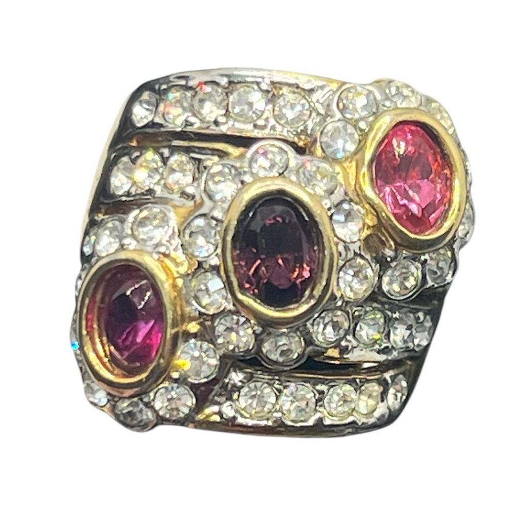 Roman signed pink clear & purple rhinestone gold tone vintage ring size 6